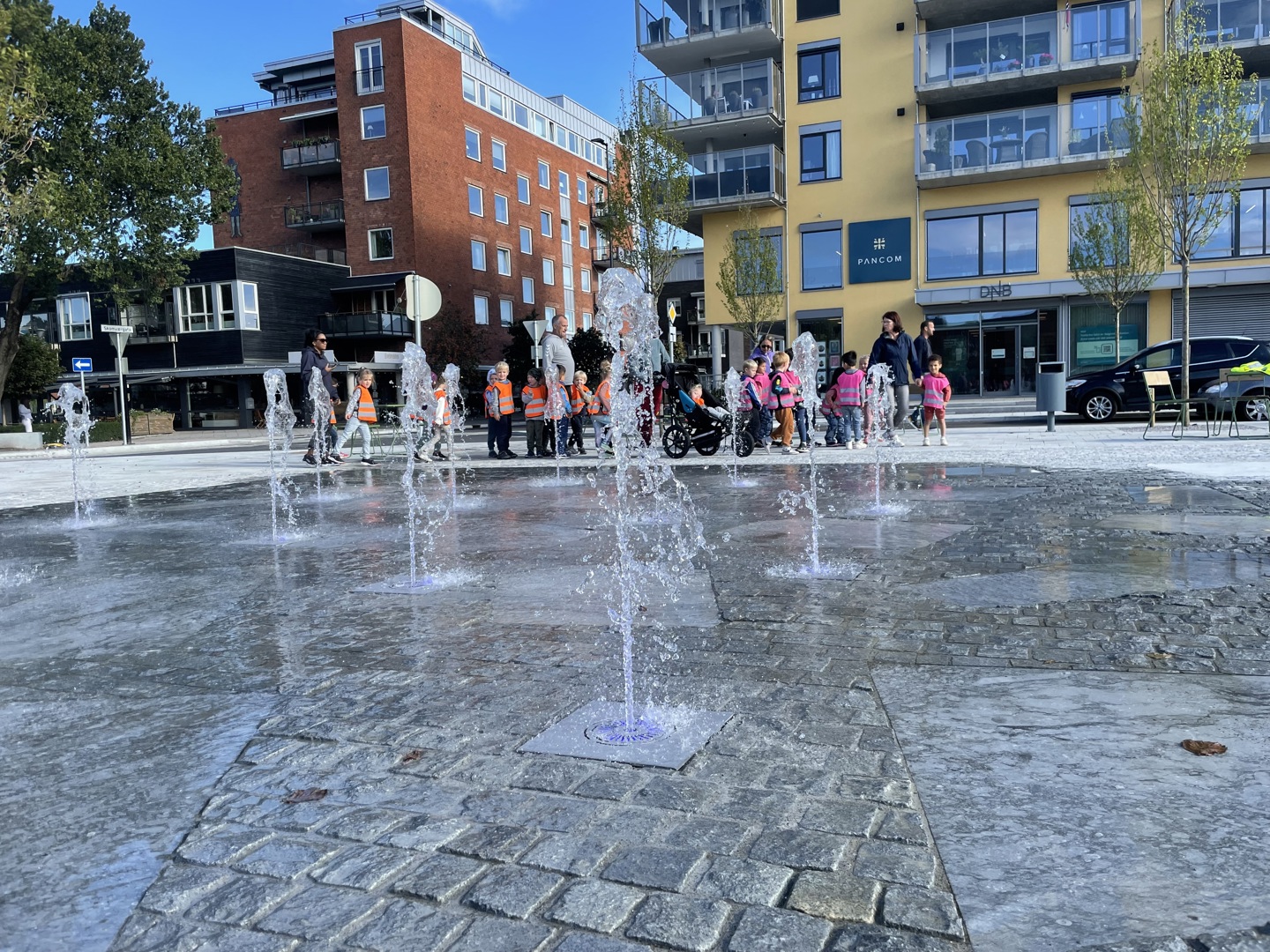 Flott område med fontenedyser.