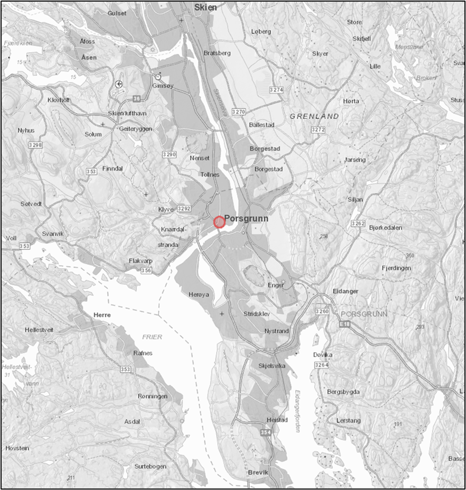 Oversiktskart som viser planområdets beliggenhet med rød sirkel.