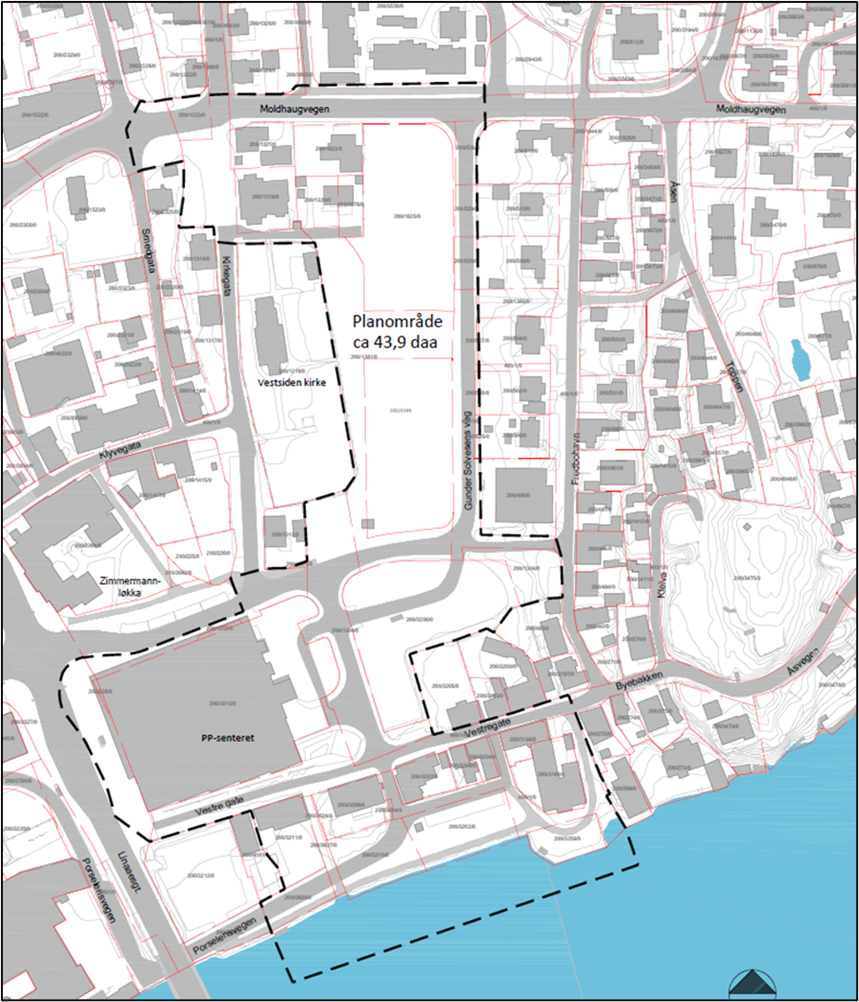 Varslingskart som viser planområdet og plangrense
