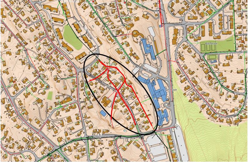Figur 1: VA trase som skal rehabiliteres merket med rødt innenfor sort polygon.