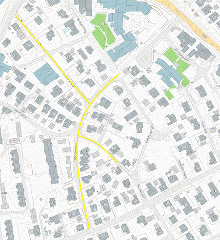 Figur 1: Traseer for vann og avløp som skal rehabiliteres er markert med gult.