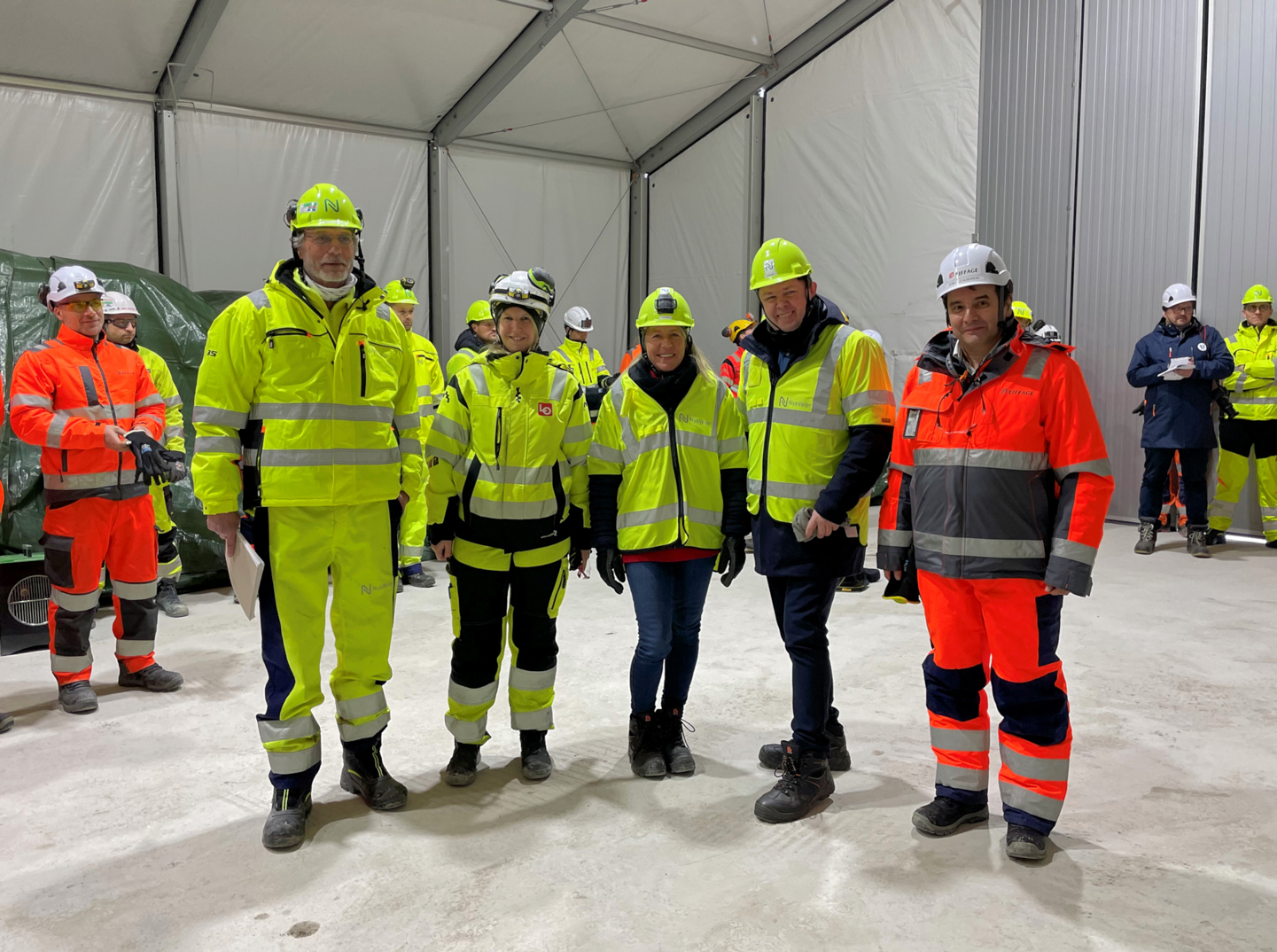 Prosjektsjef i Nye Veier Morten Lossius, LO-koordinator i Nye Veier Malin Trellevik, varaordfører Anne Kristine Grøtting, ordfører Robin Kåss og prosjektsjef for Eiffage Jean-Luc