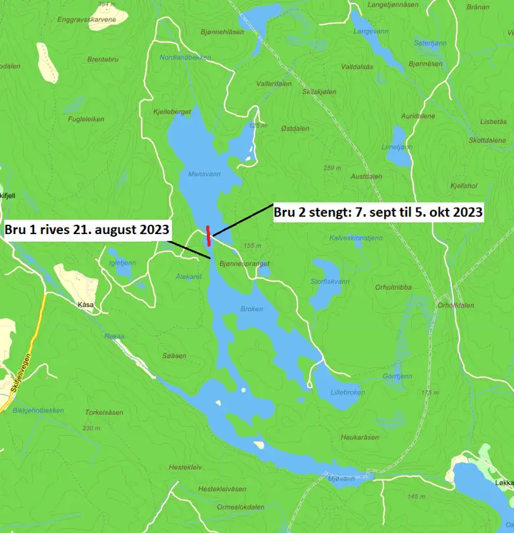 Figur 1: Kartskisse som viser de to buene som blir berørt av anleggsarbeidet.