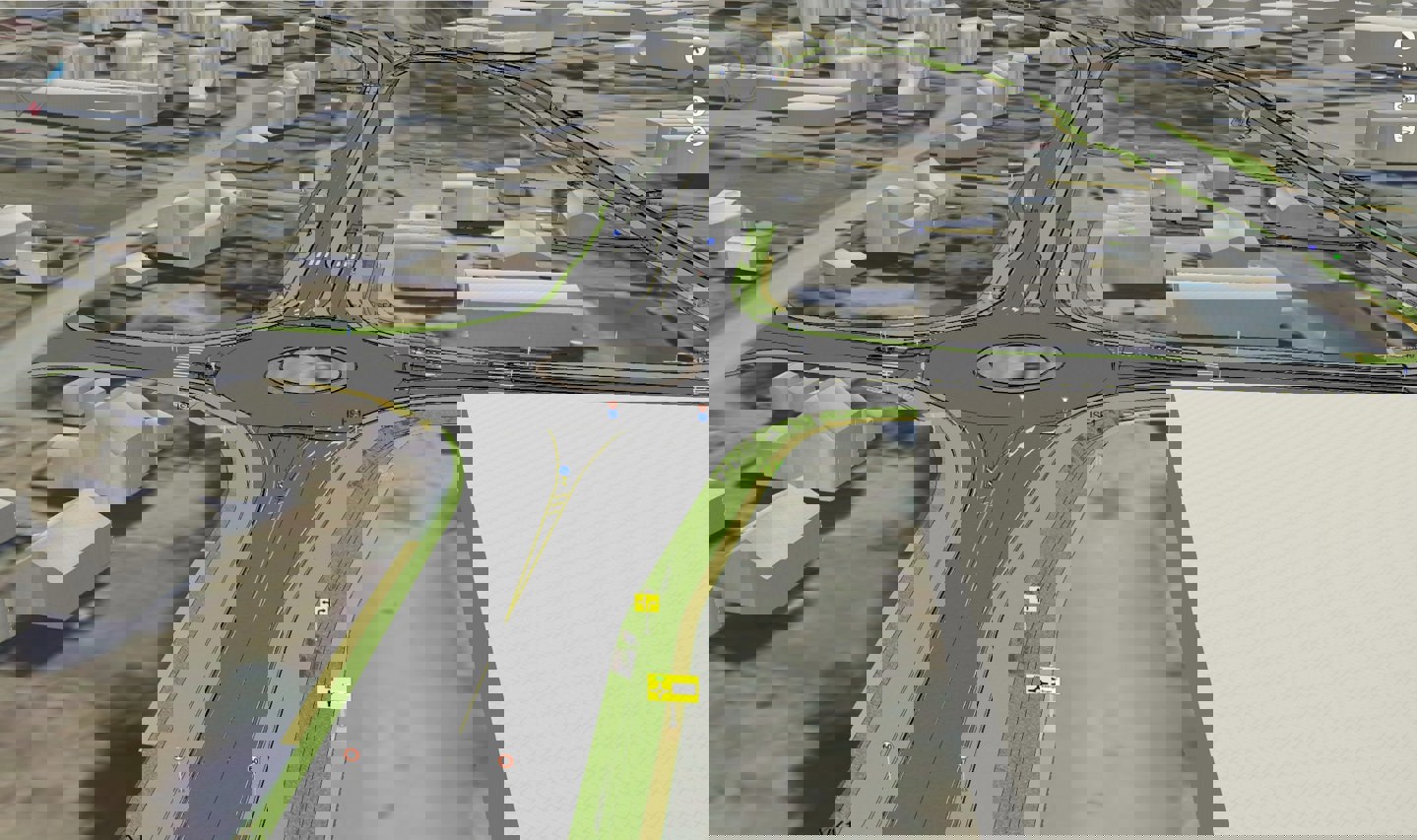 Visualisering av området på Enger ved Vallermyrene. To nye rundkjøringer, en på fylkesvegen, den andre parallelt inn på den nye Ullinvegen skal blant annet bygges.