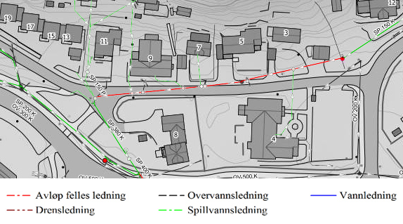 Figur 1 Gul strek viser trase for vannledninger som skal skiftes ut. Her blir det tradisjonell graving.