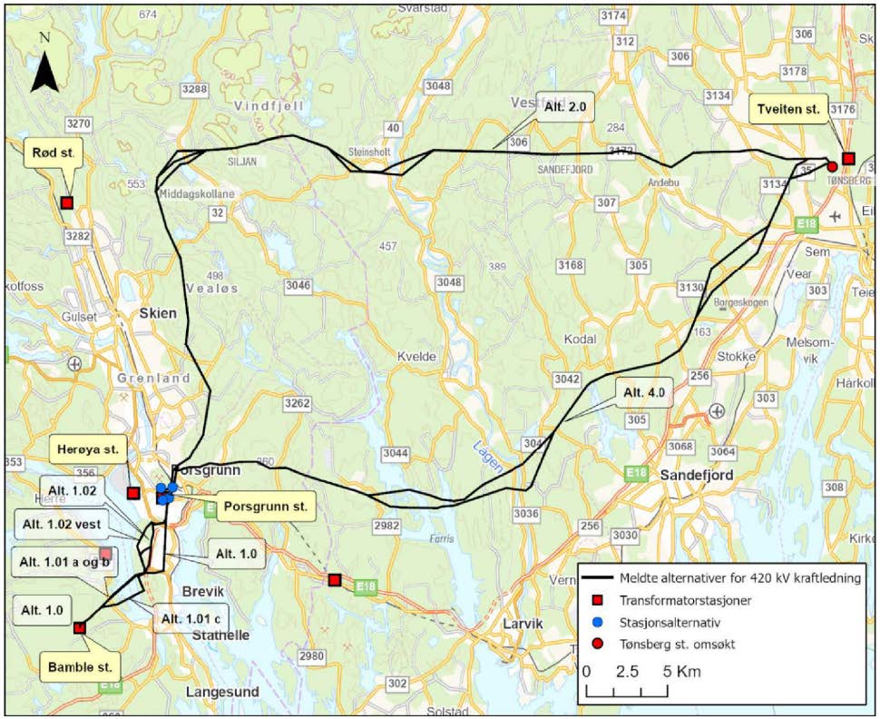 Figur: Alternativer for 420 kV forbindelse mellom Bamble, Porsgrunn og Tønsberg transformatorstasjon. Meldte alternativ og varianter er markert med svart linje. Hentet fra Statnetts melding.